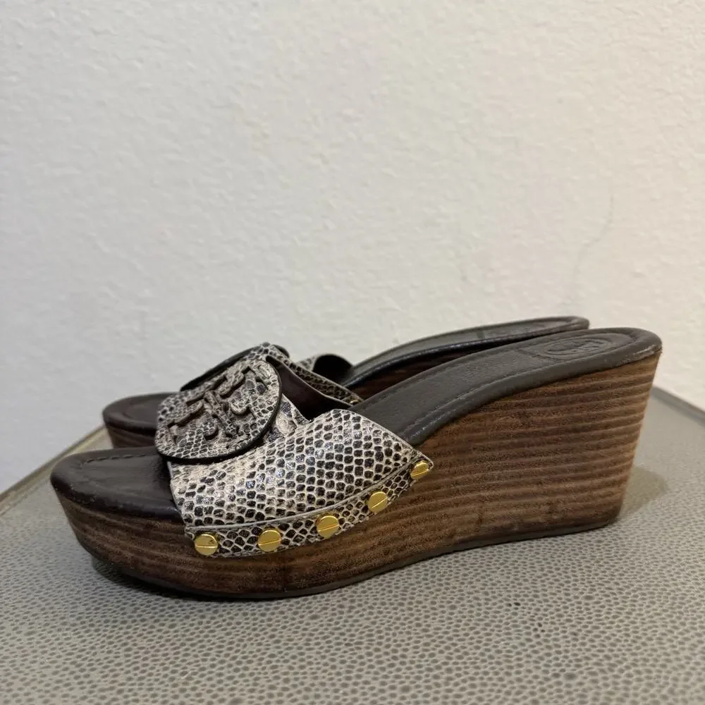 Tory Burch Patti Snakeskin Leather Platform Wedge Slide Sandals Size 8.5 M